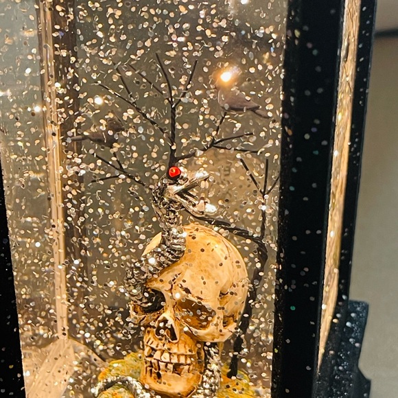 NWT Halloween lantern snow globe, lights up swirls snow, snake in skull, spooky! - Picture 3 of 8